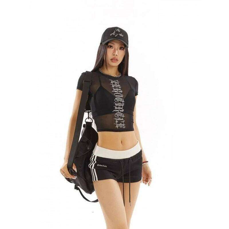 Letter hot diamond shoulder sleeved T-shirt for summer girls, slim fit and slimming short style, mesh see through jacket,