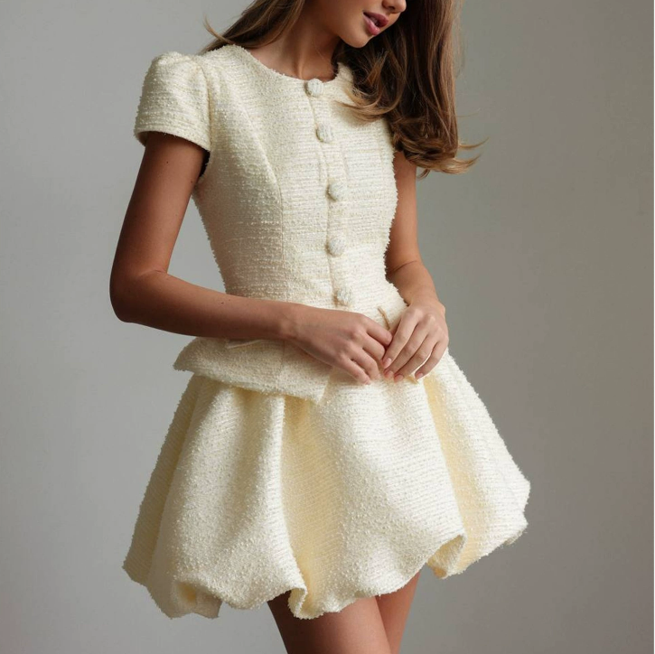 Tweed Puffy Sleeve Shirt Bubble Skirt Set Lady Retro Chic Solid Button Slim Shirts Mini Skirts Sets Women 2026 Party Outfits