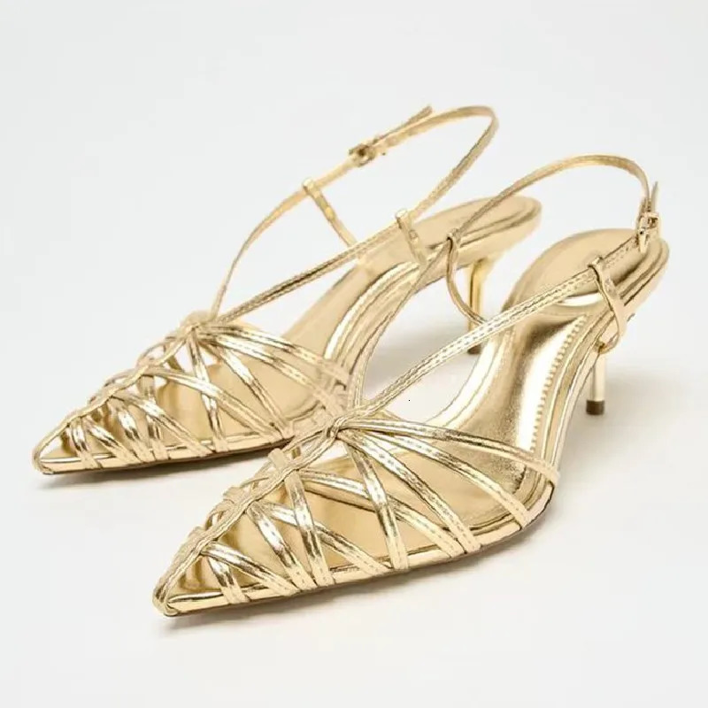 Gold Heels Women Fashion Narrow Strap Hollow Thin High Heel Summer Sandals Sexy Pointed Toe Slingbacks Dress Shoes 251231