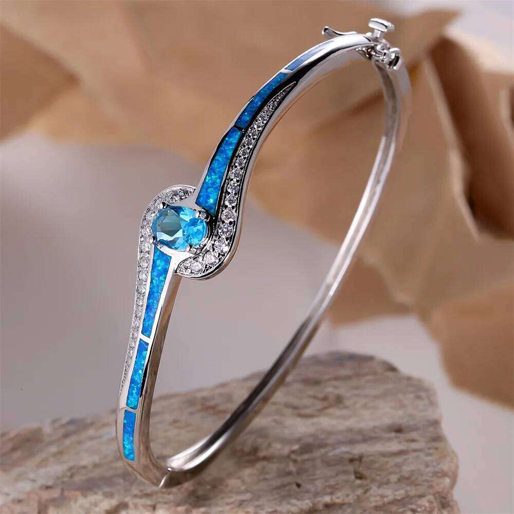 Aqua Crystal Oval Stone Bangle Blue Fire Opal Bracelets For Women Classic Silver Color Wedding Engagement Jewelry Mom Gifts