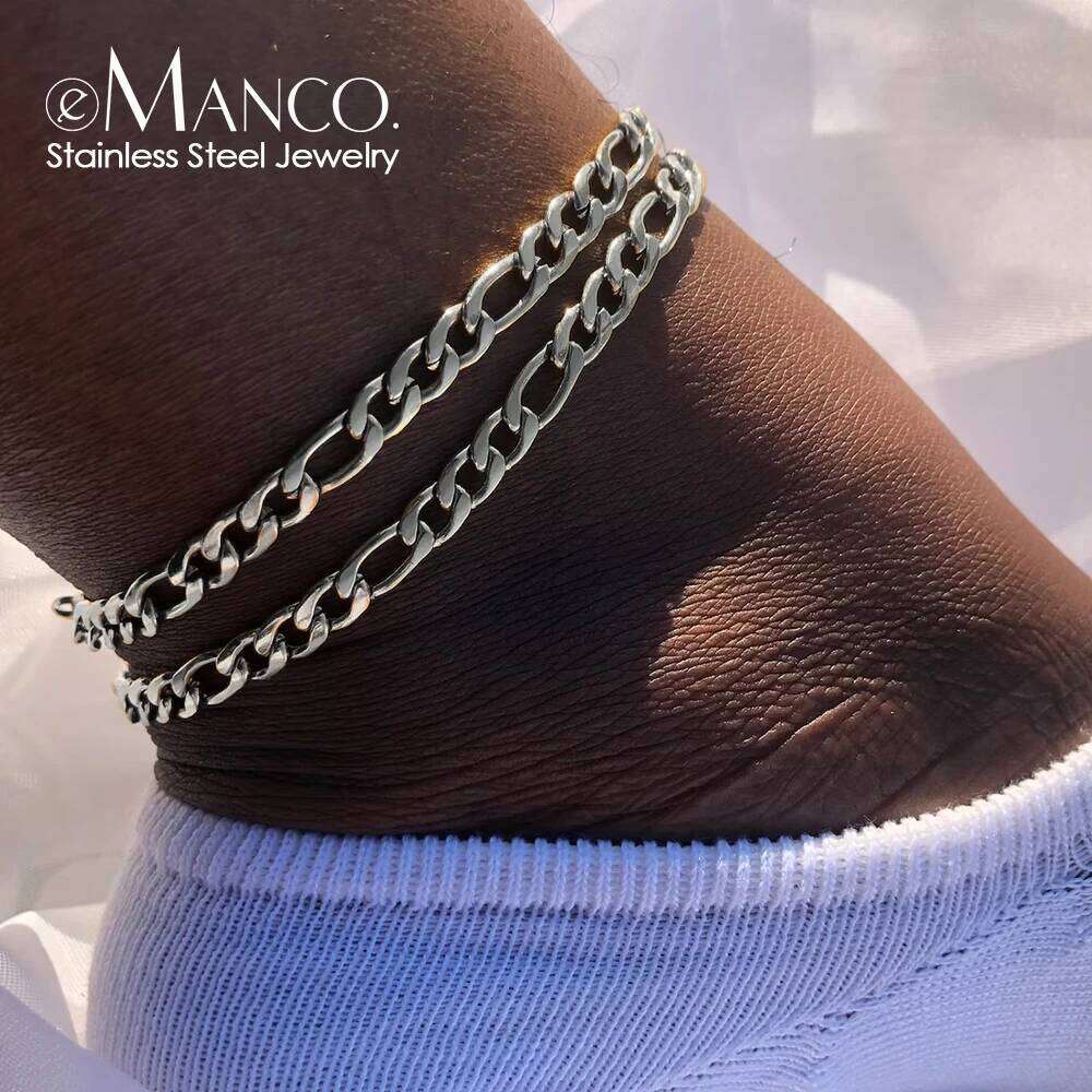 eManco Stainless Steel Foot Jewelry Leg Ankle Silver Color Franco Figaro Chain Anklets For Men Women Hip Hop Rapper