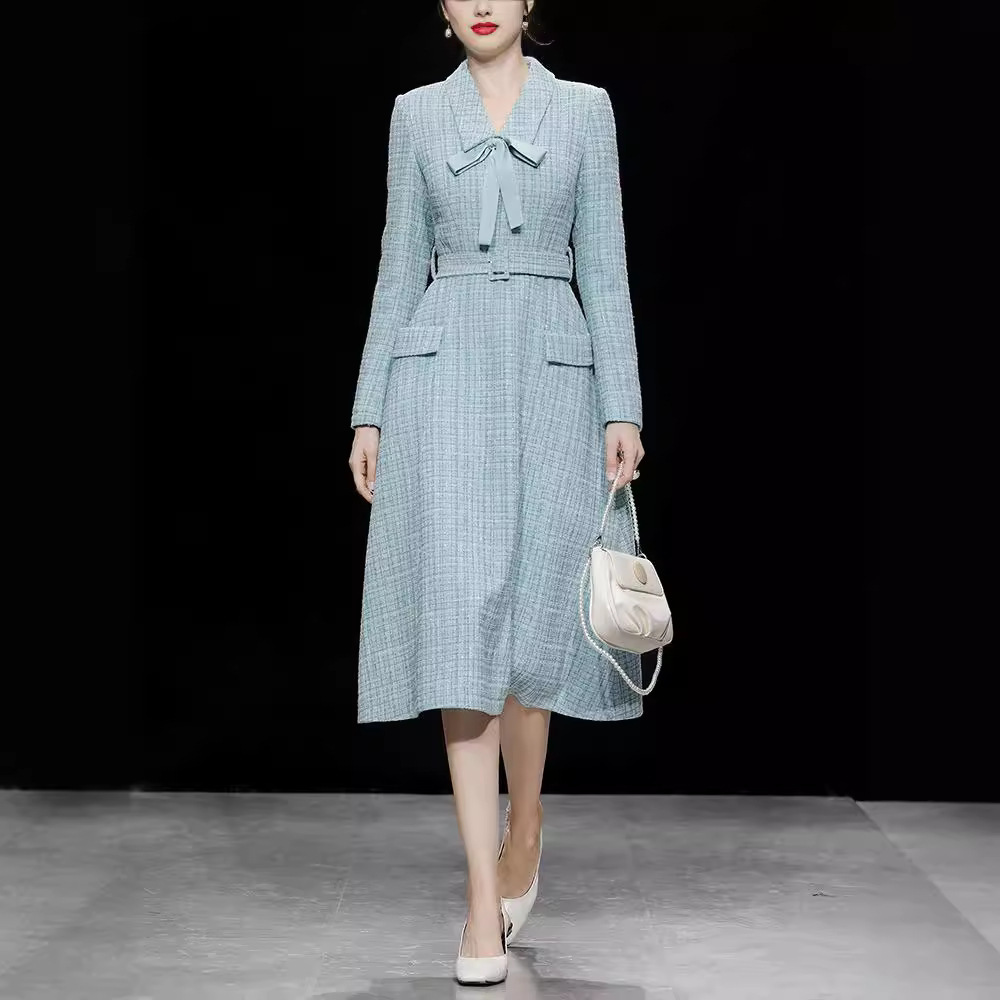 Urban Luxury Fall-winter New Style Women's Dress - Elegant Grey And Blue Tweedsexy Fitted Fashion Ensemble Dress Long Skirt