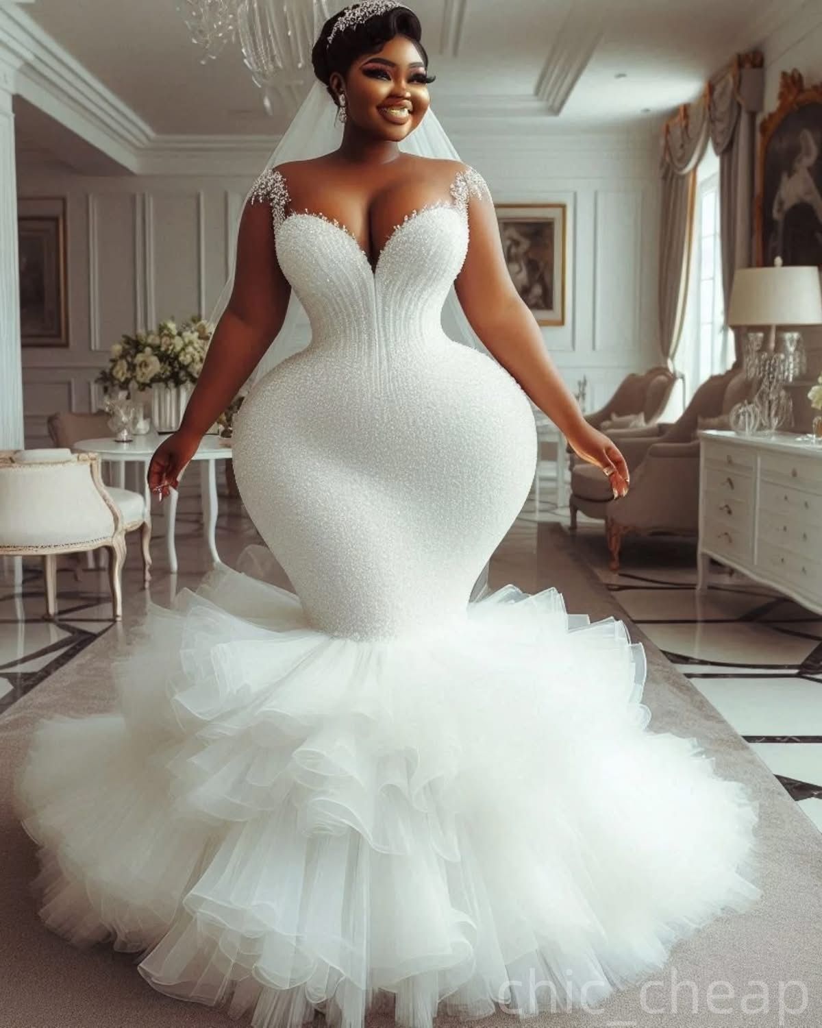 Elegant Plus Size Mermaid Wedding Dresses African ASO EBI Sheer Neck Beaded Sequined Tulle Bridal Gowns Cap Sleeves Robes 4J04