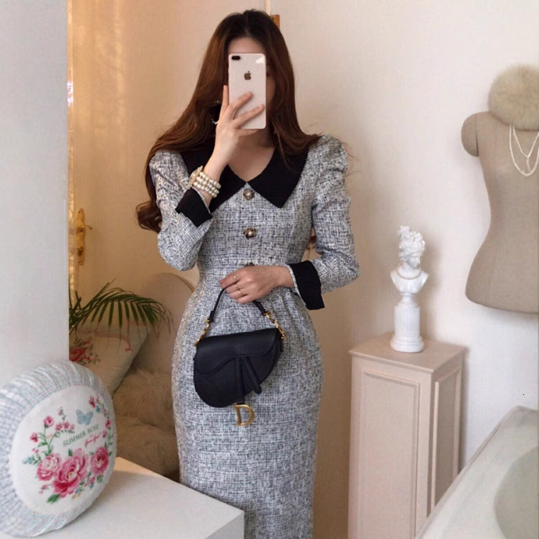 2026 New Style - French-style Elegant And Simple Urban Style Color-matched Tweed Women's Dress With A Fitted Waist And High-end Long Design