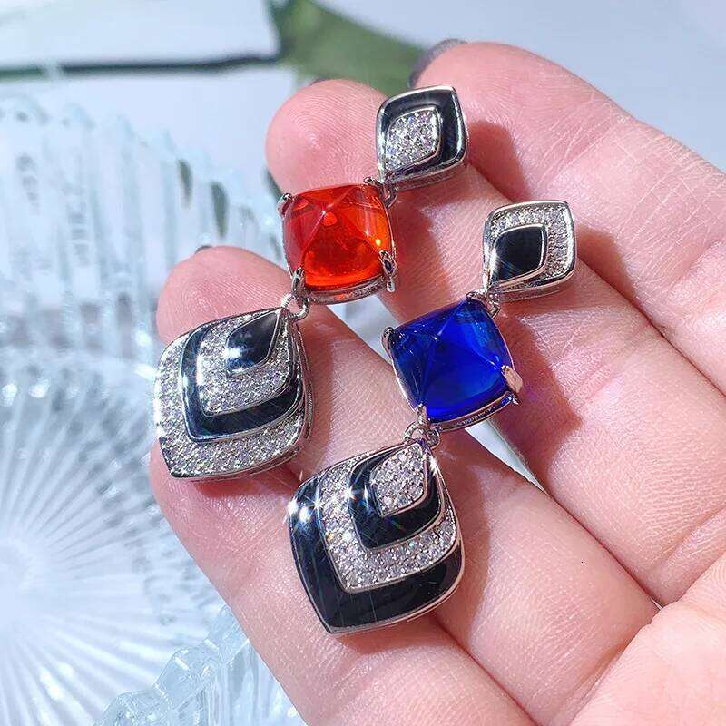 High-quality New Cat-eye Red Blue Asymmetric Zircon Women's Tassel Earrings Party Jewelry Bridal Earring