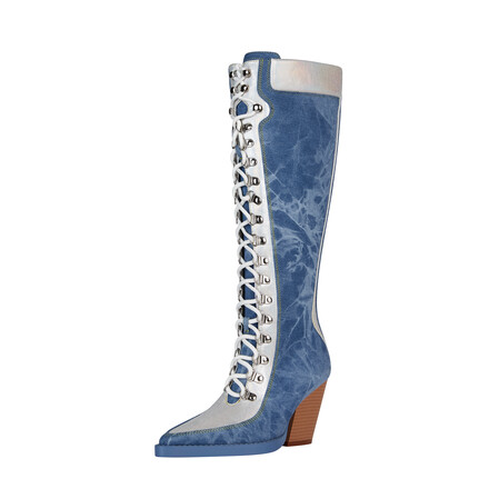 Chengdu Craftsmanship Washed Denim Western Boots 8.5cm Wedge Heel Lace Up Knee High Boots