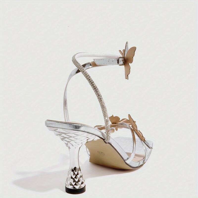 Elegant Silvery Sandals Women Round Three Dimensional Flower Design High Heel Pointed Toe Buckle Closure Non Woven Fabric Upper Perfect For Parties MO