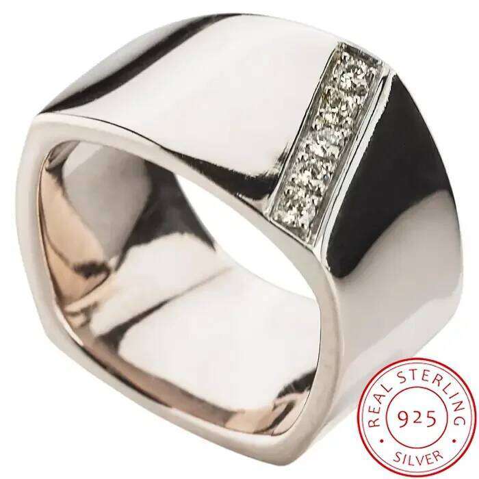Minimalist Wide Silver Men'sRing Hip Hop Jewelry Cubic Zirconia Plated Statement Band for Men Fashion Punk Style Gift