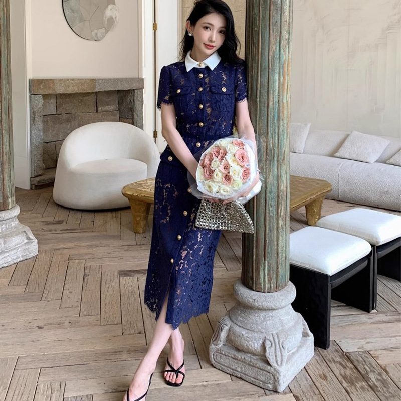 Luxurious High-end Long Dress Dark Blue Color Heavy Lace High Contrast Colors Doll Collar Beautiful Urban Sexy Fitted Women's Dress