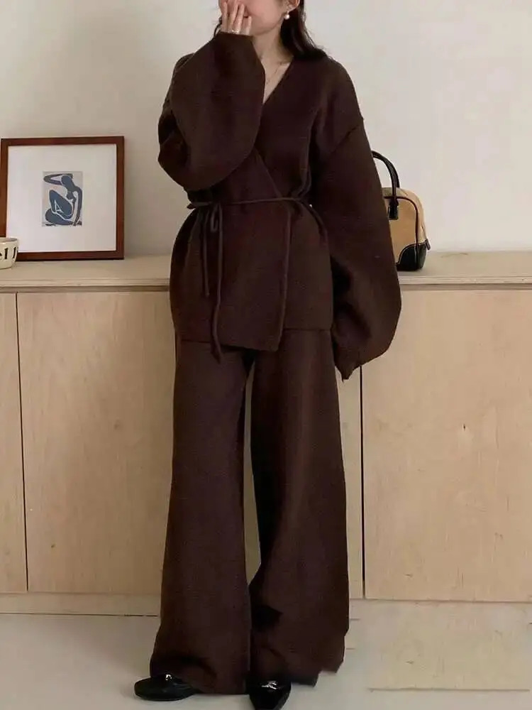 LANMREM Womens Knit 2 Piece Set Lace-up Gathered Wast Cardigan Coats High Waist Wide Leg Pants 2025 Winter 26C1023 251226