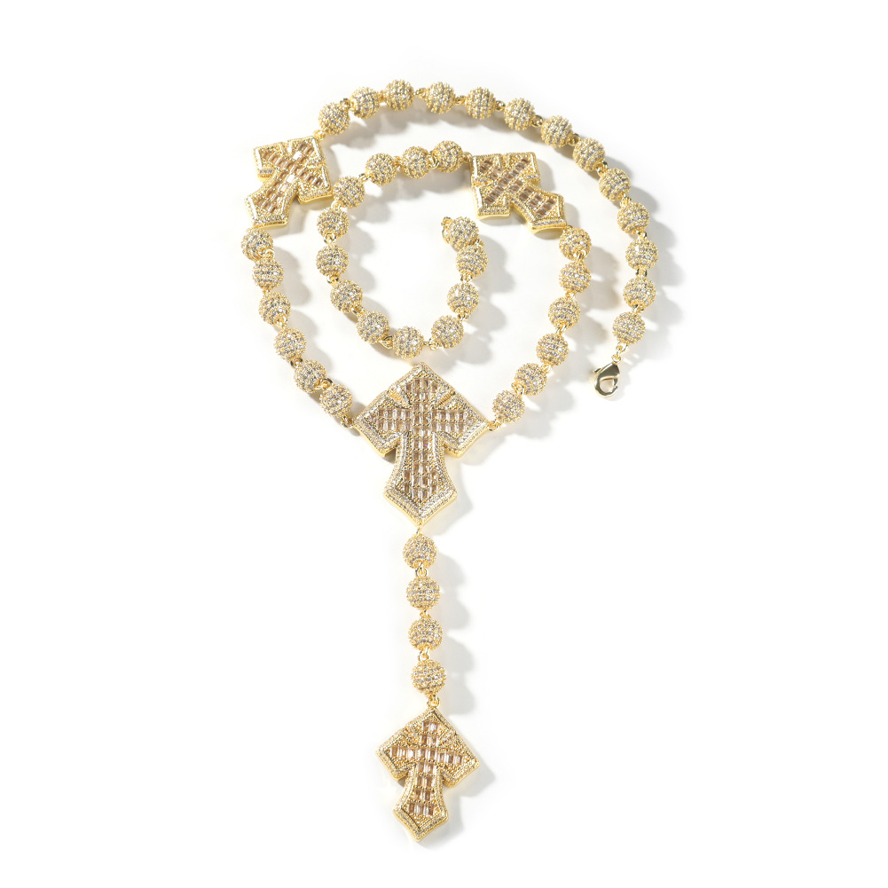 Hip Hop Charm Beads Cross Chain Necklace 18K Gold Plated Choker Chain Pendant Necklaces Jewelry