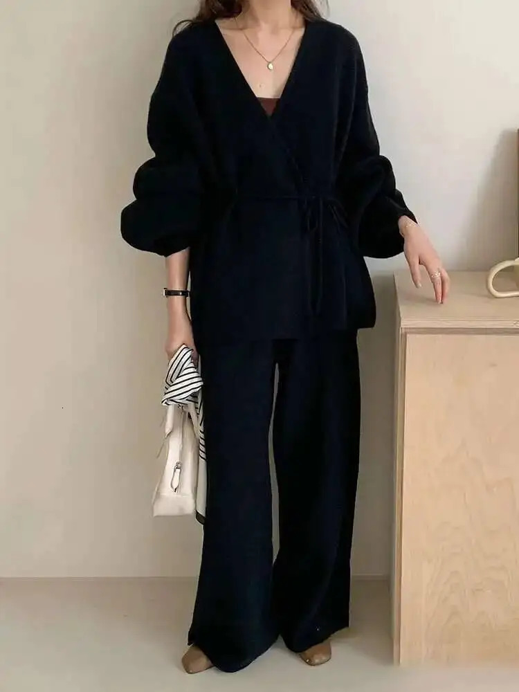 LANMREM Womens Knit 2 Piece Set Lace-up Gathered Wast Cardigan Coats High Waist Wide Leg Pants 2025 Winter 26C1023 251226