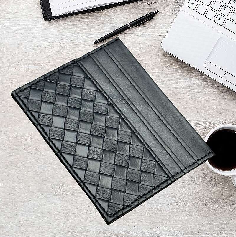 Ins Style Korean Woven Genuine Leather Business Case Storage Sleeve ID Holder Quilted Credit Card