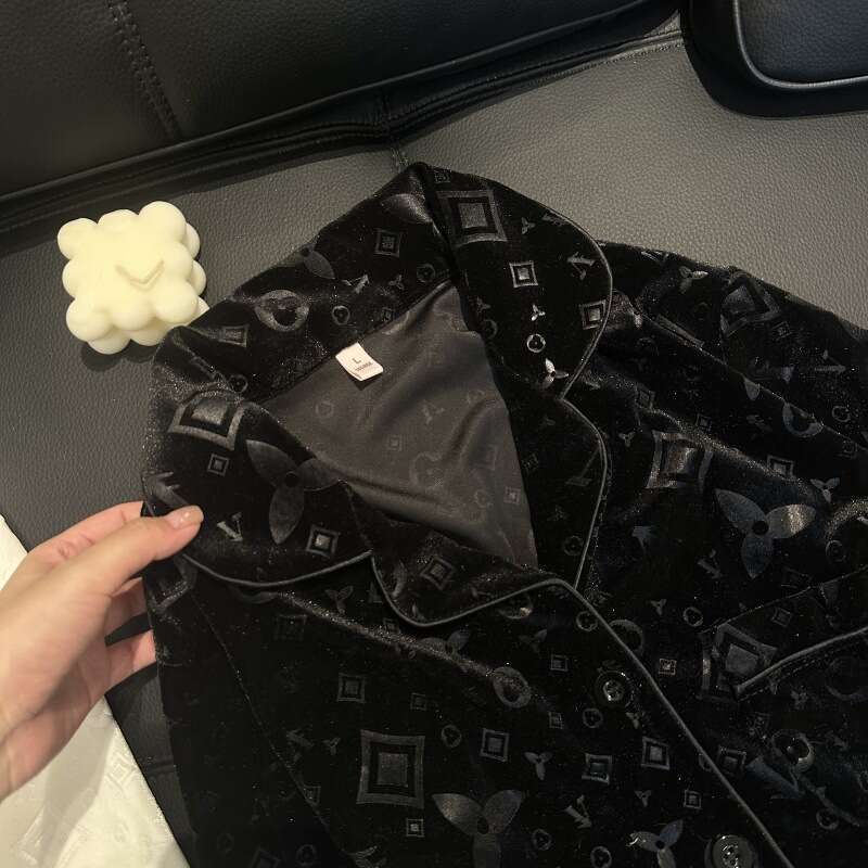 Yase Black And White Sweet Whisper Autumn Winter Gold Diamond Velvet Couple Pajamas High-End Embossed Design Light Luxury Elegant Set