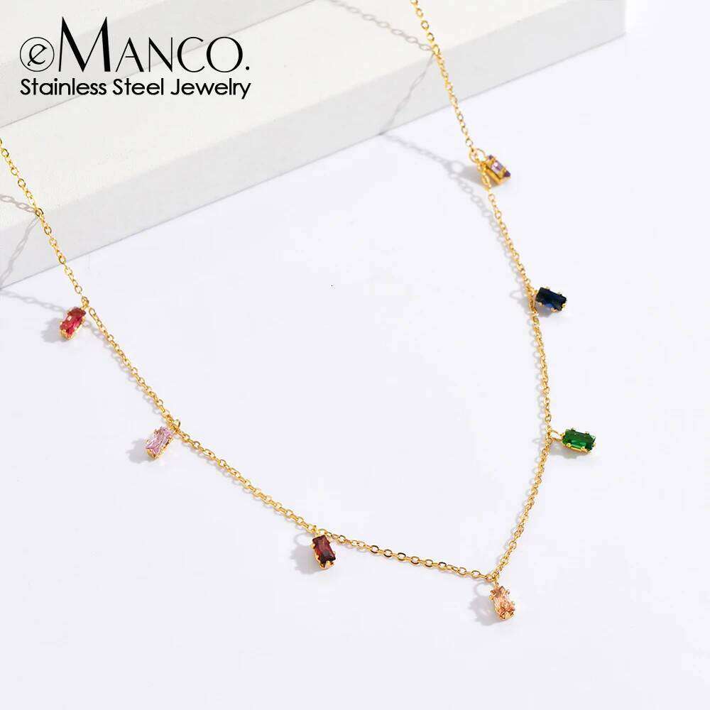 eManco Stainless Steel Popular Zirconia Tassel Chain Necklaces Colorful Geometric Pendant Valentine's Day Gift 48 Hour Shipping