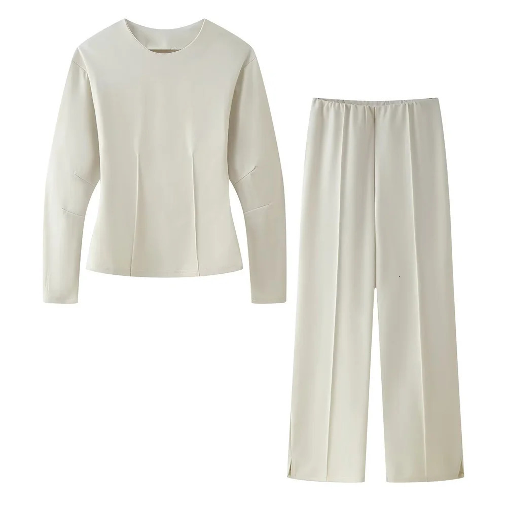 womens doublesided fabric round neck long sleeved top straight tube high waist elastic pants spring casual set 251225