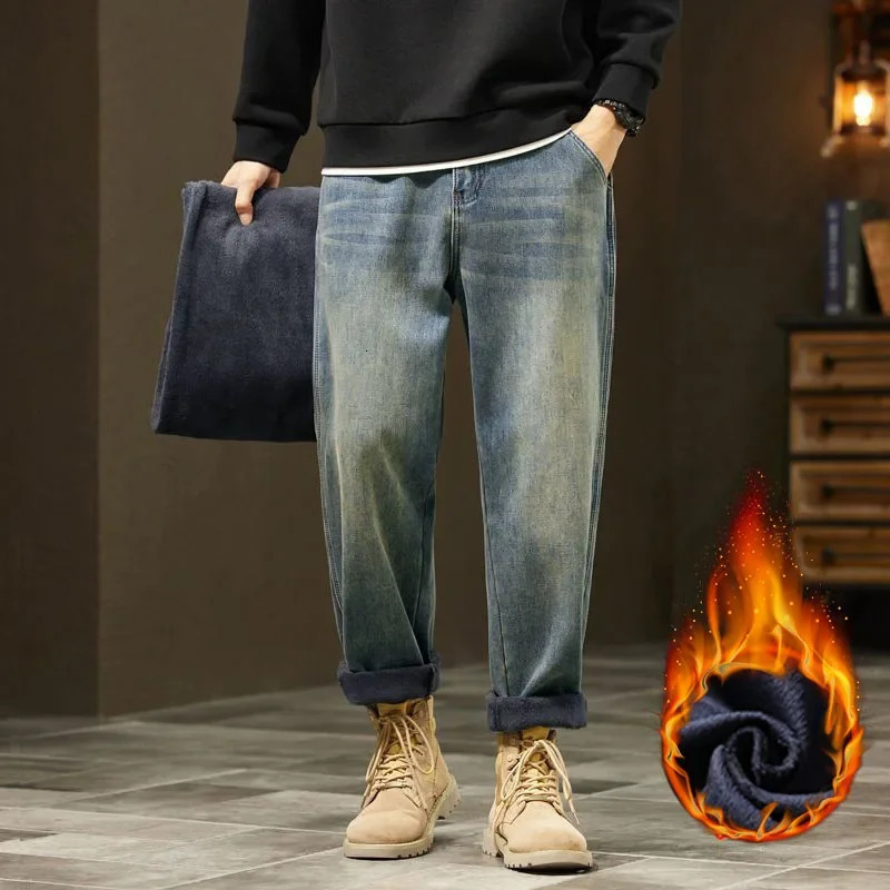 Mens Velvet Harun Jeans Loose Fleece Thick Warm Casual Pants Soft Fabric Versatile High Street Fashion Trousers Daily Wear 251226
