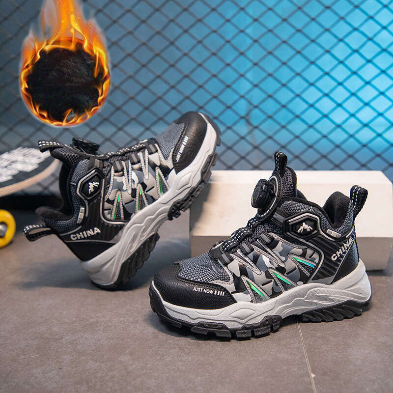 Boys Winter Fleece-Lined Cotton Rotating Button Hiking Shoes Cool Thick-Soled Fashionable Outdoor Footwear for Teenagers