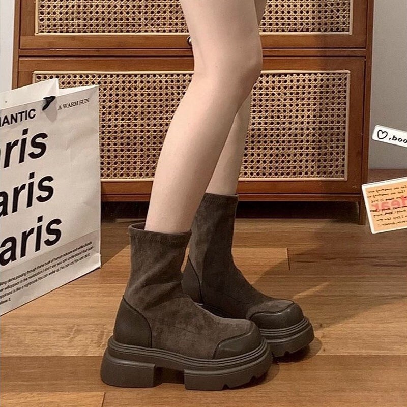 Ddmysports Platform Height Increasing Women S Autumn Winter New Shoes Suede Mid Calf Comfortable Martin Slip On Chelsea Boots Outdoor Shoes