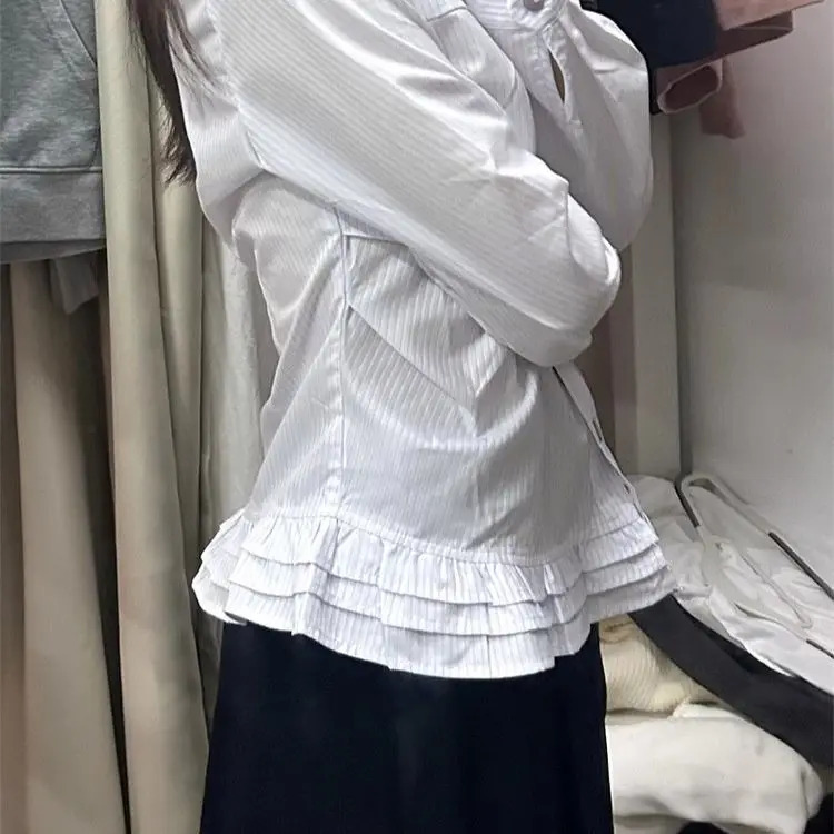 Japanese Sweet Academia Shirt Women Striped Long Sleeve Blouse with Ruffle Hem Y2K Vintage School Style Top Kawaii Unique De 251231