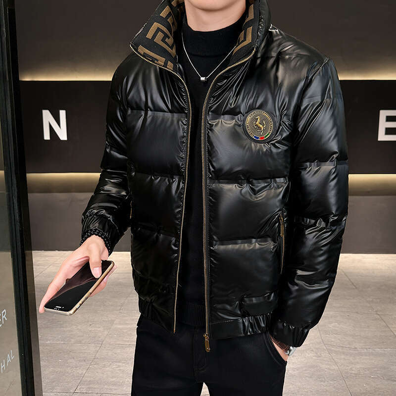 Men's European Style Trendy Jacket Glossy No-Wash New Duck Down Warm Winter Stand Collar Short Coat