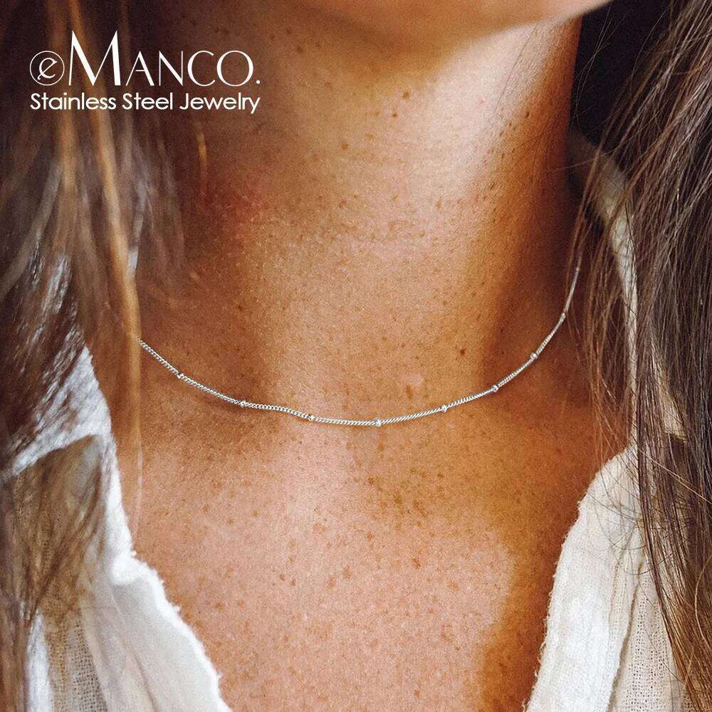 eManco Charm Simple Layering for Women Gift Wholesale Silvery Bead Chain Stainless Steel Choker Necklace