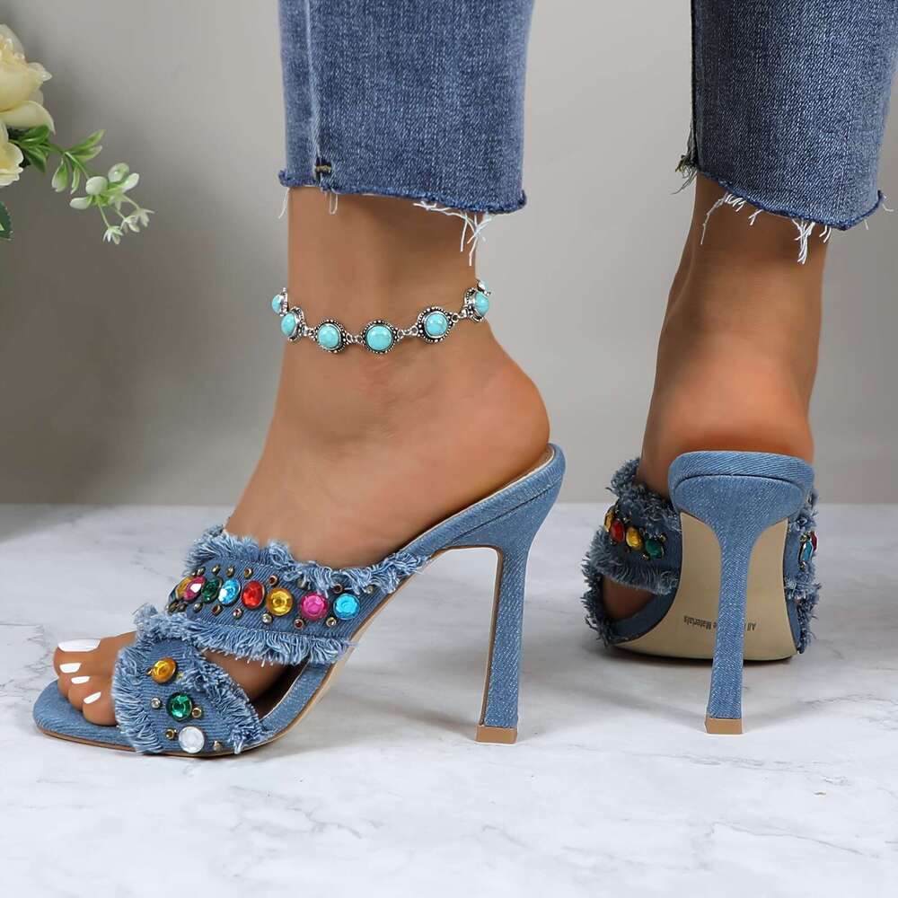 GLAZE Women S Denim Slip On Open Toe Stiletto Heels With Crossover Straps Hollow Design Fish Mouth Style Slingback Sandals For Evening Dresses Parties