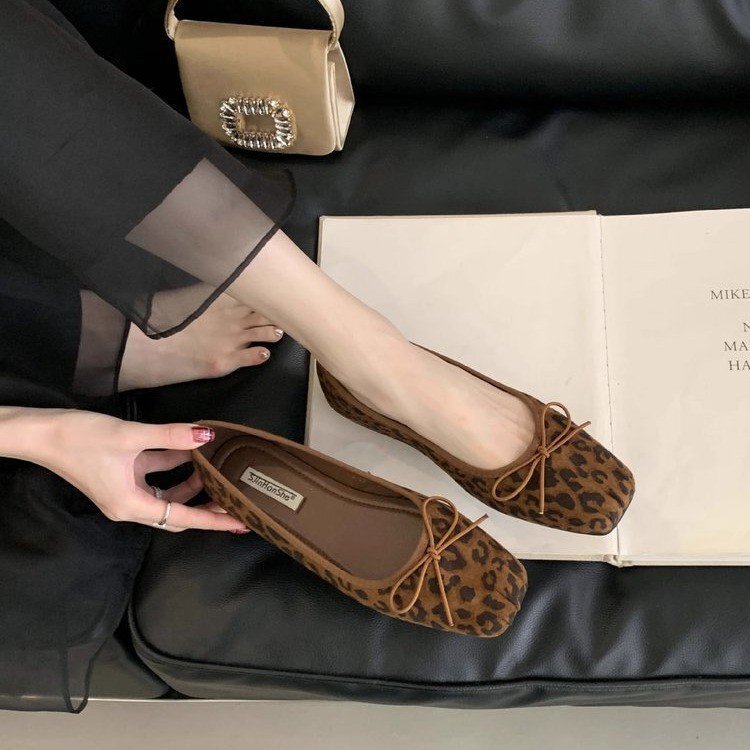 Ddmysports Korean Style Square Toe Leopard Print Single For Women Autumn Hot French Bowknot Matching Dress Ballet Evening Shoes Outdoor Shoes