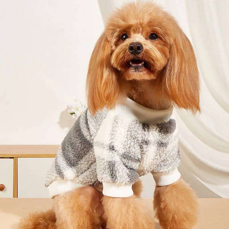 Pet Small Medium Dog Autumn And Winter Plush Hoodie Gray Plaid Costume Kitten Round Neck Clothes Comfortable Sweatshirt 26L0104