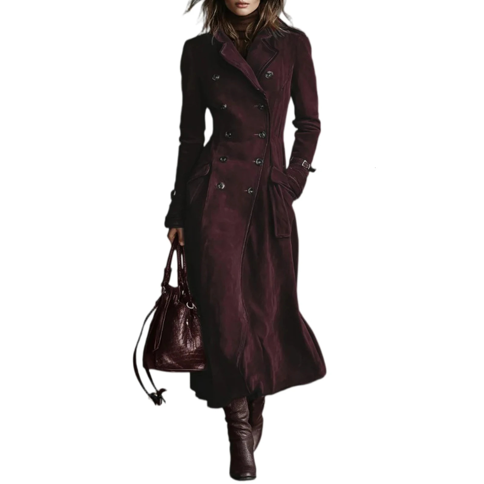 Solid Color Suede Long Windbreaker Elegant Collar Sleeved Coat Spring And Autumn Ladies Outdoor WomenS Trench 251231
