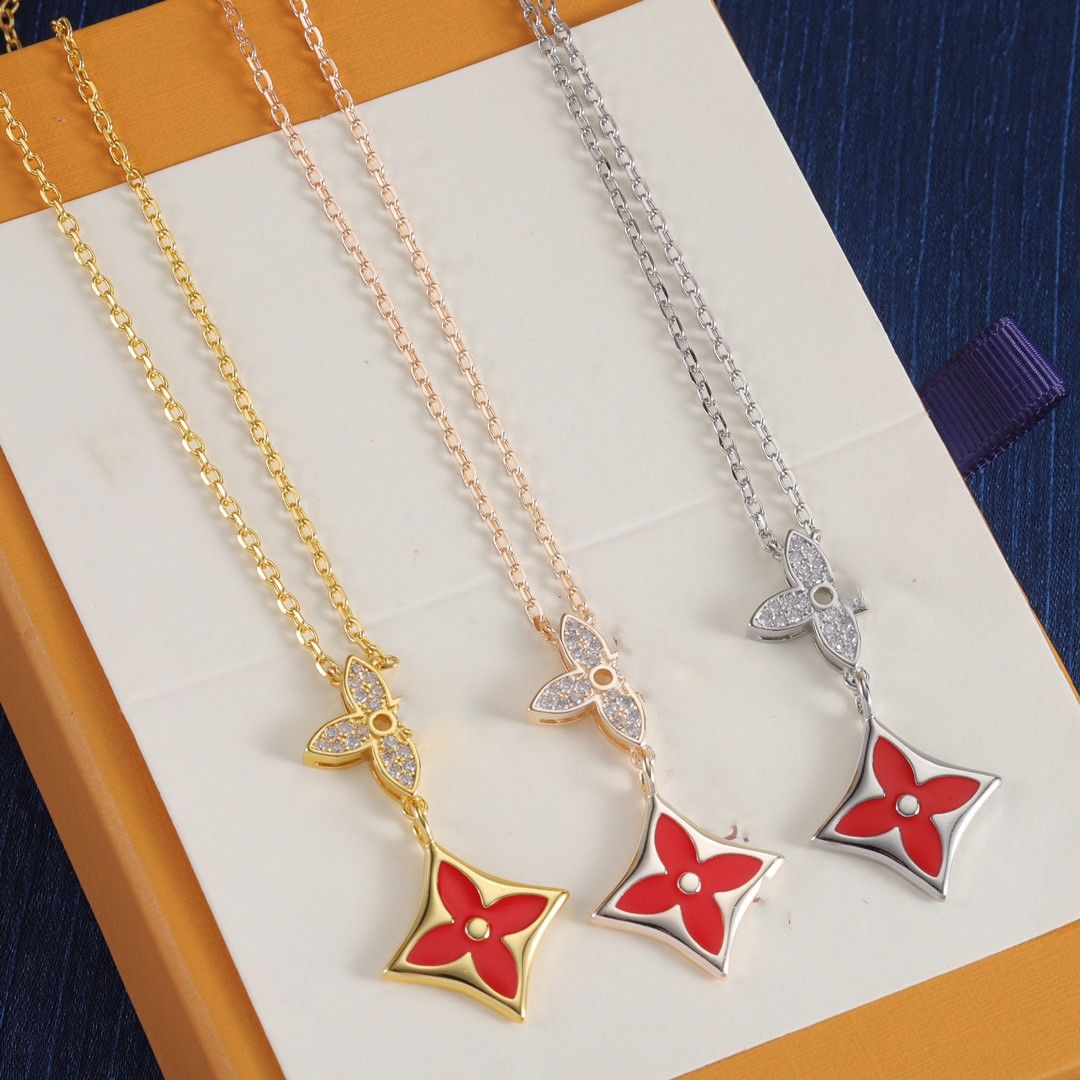 With BOX Elegant Women Gift Pendant Necklace Red Flower Diamond Crystal Pendants 18K Gold Plated Stainless Steel High Quality Jewelry