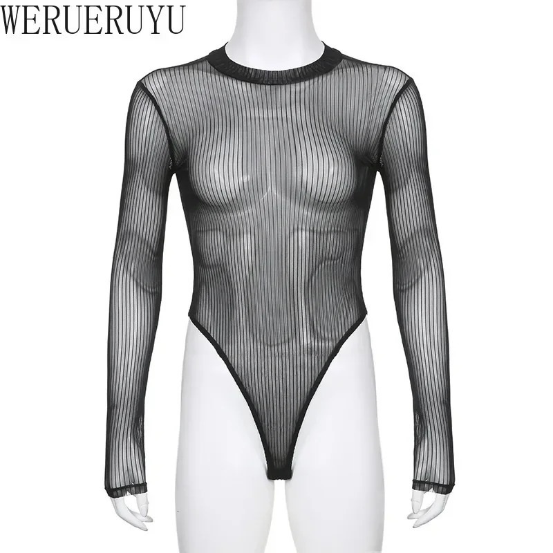 Black Stripe See Through Bodysuit Women s Clothes Summer Sexy Tops Turtleneck Long Sleeve Backless Jumpsuits for 251231