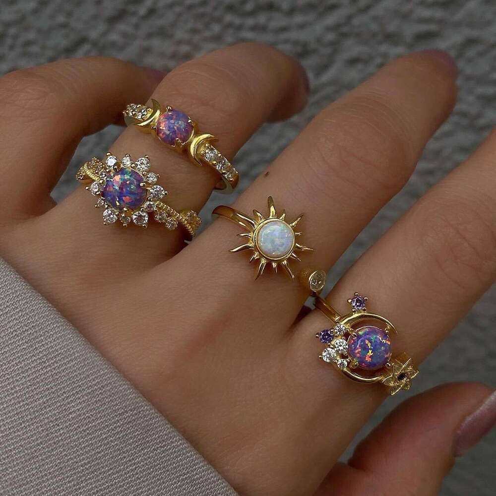 Fashion Ring INS Gemstone Sun Moon Inlaid Diamond Geometric Purple Rings Set for Women