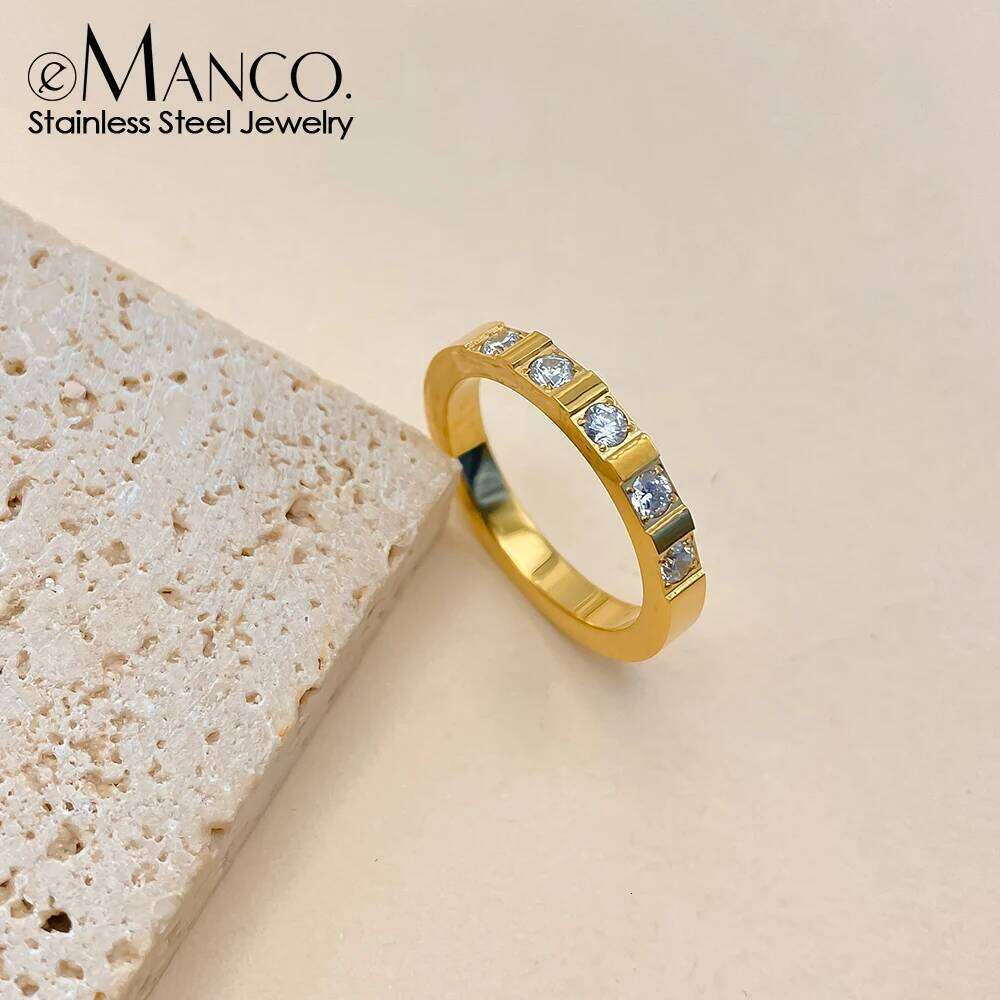 eManco Summer Popular Shiny Cubic Zirconia Round Thin Ring Minimalist Stainless Steel Premium Finger Exquisite Jewelry New