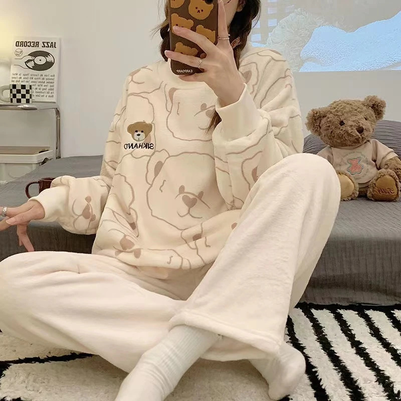 Autumn Warm Round NeckLong Sleeve 2 Piece Outfit Set Women Plush Home Clothes for Cute Printing Pajamas Girls 251231