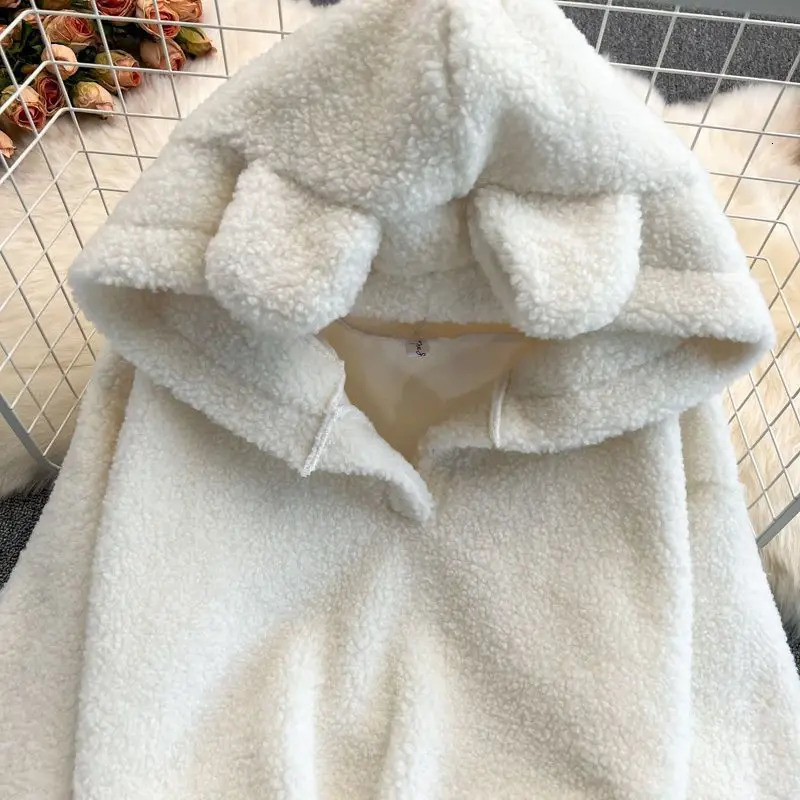 Short Sets Women Two Pieces with Hat Hoodies Bear Ear Solid Plus Velvet Thicker Crop Tops Lace Up Trendy Sweet Girls Cozy 251226