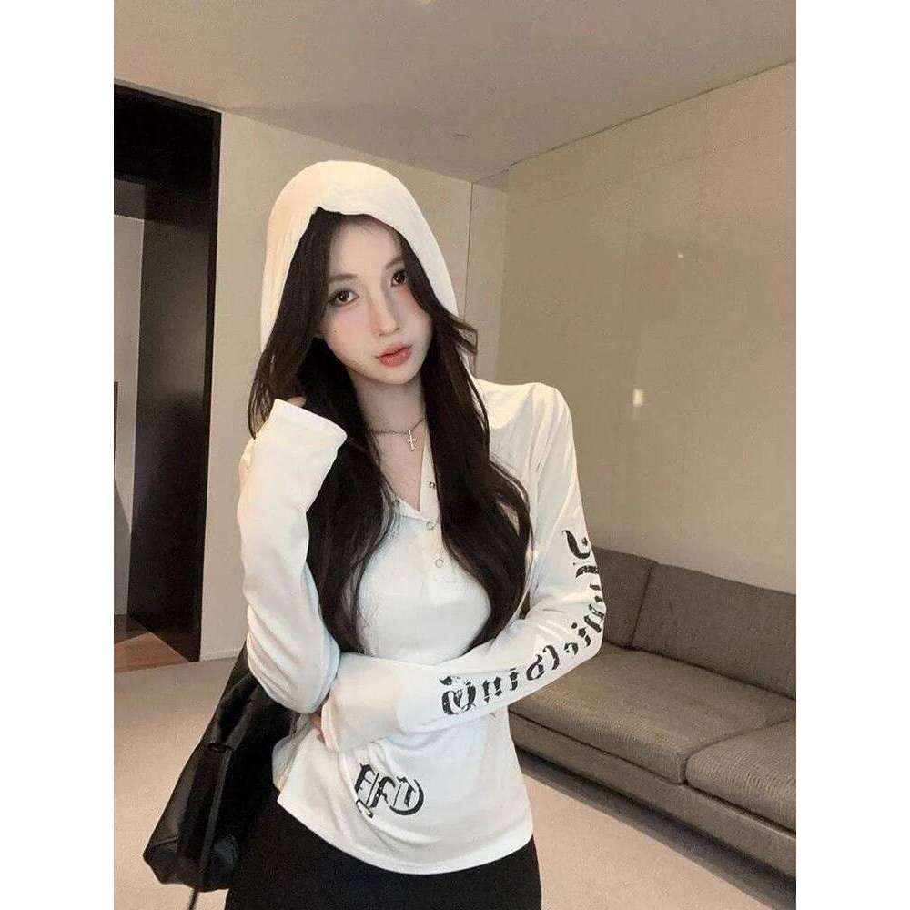 Student hooded long sleeved women's spring, autumn, winter spicy girl print top, base coat, outer wear, inner wear