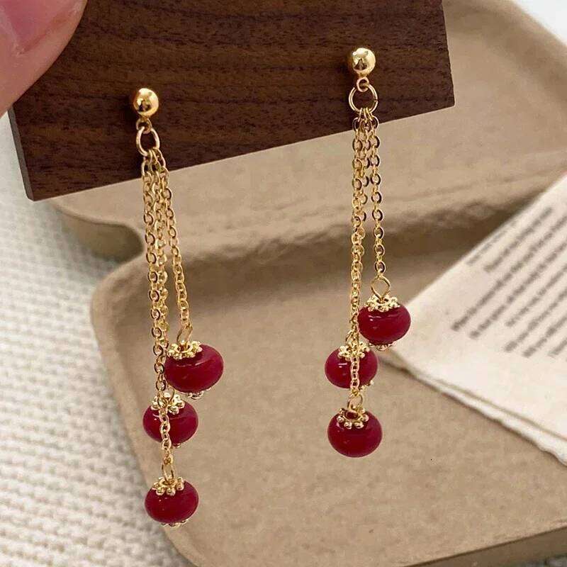 Real 925 Sterling Silver Zircon Pearl Bead Heart Chain Stud Earrings for Women Trendy Fine Jewelry Chinese Style Accessories