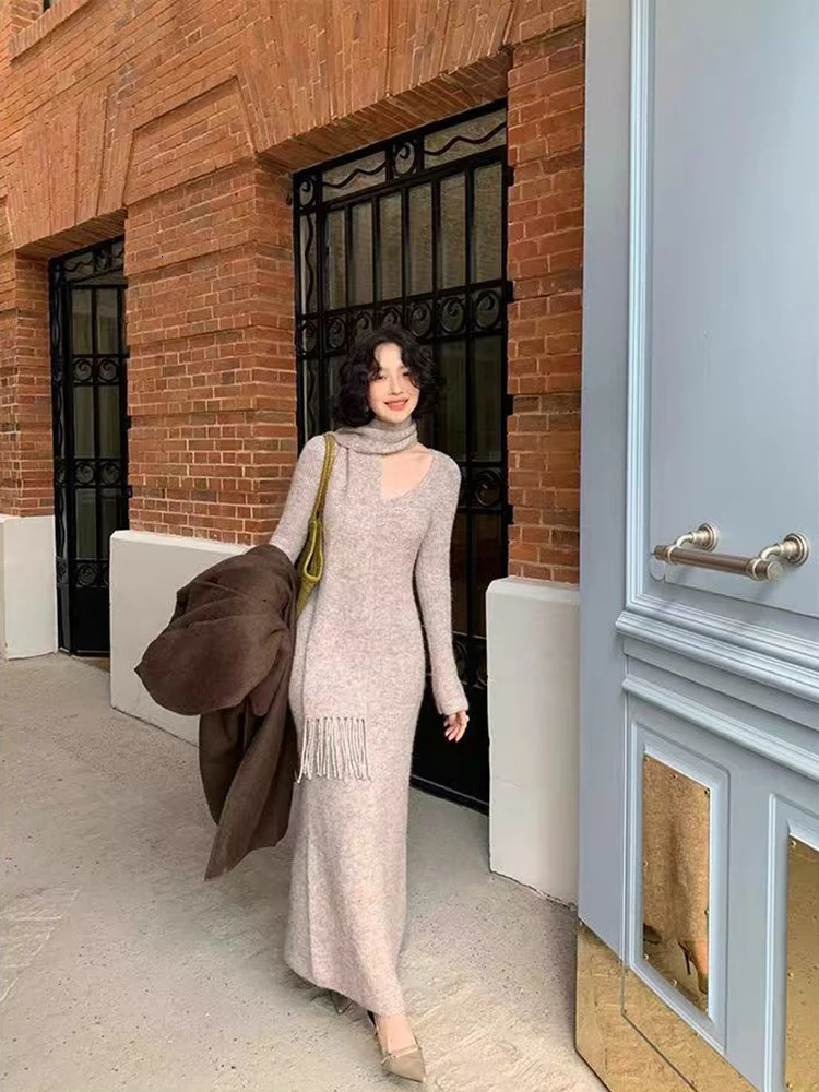 Vintage Knitted Midi Dress Y2K Autumn Slim with Scarf Long Sleeve Dress Female Korean Streetwear Chic All Match Female Vestidos 251225