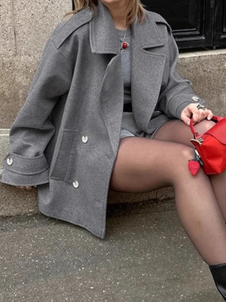 Grey Double Breasted Woolen Blend Coat Women Lapel Long Sleeve Pockets Casual Jackets Autumn Lady Daily Outerwear 251216