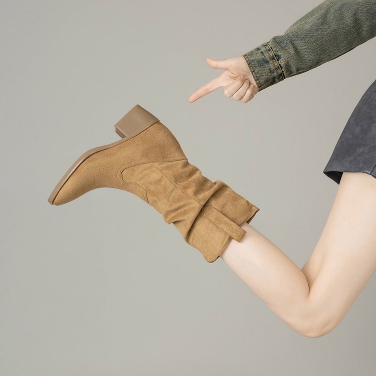Ddmysports Fashion Women S Shoes Denim Spring New Thick Heel Pleated Short Martin Retro Knight Boots Outdoor Shoes