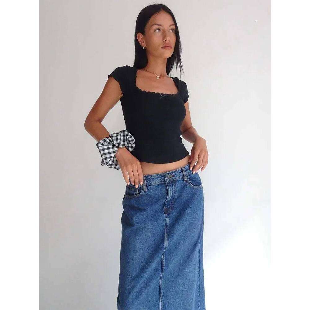 y2k Vintage Baby Cottage Lace Trim Knitted T-Shirt Summer Square Neck Short Sleeve Tee Shirt Women White Milkmaid Crop Top