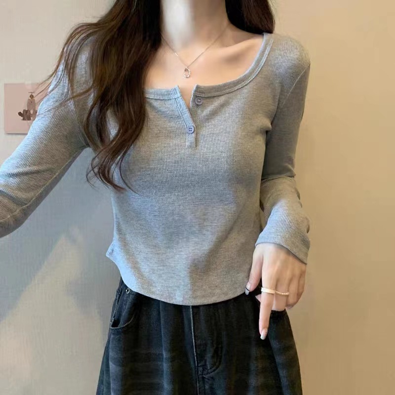 Designed Curved Regular Shoulder T-Shirt For Women, Spring And Autumn Style, Square Neck, Slim Fit, Stylish Outerwear Long Sleeve Top, Trendy