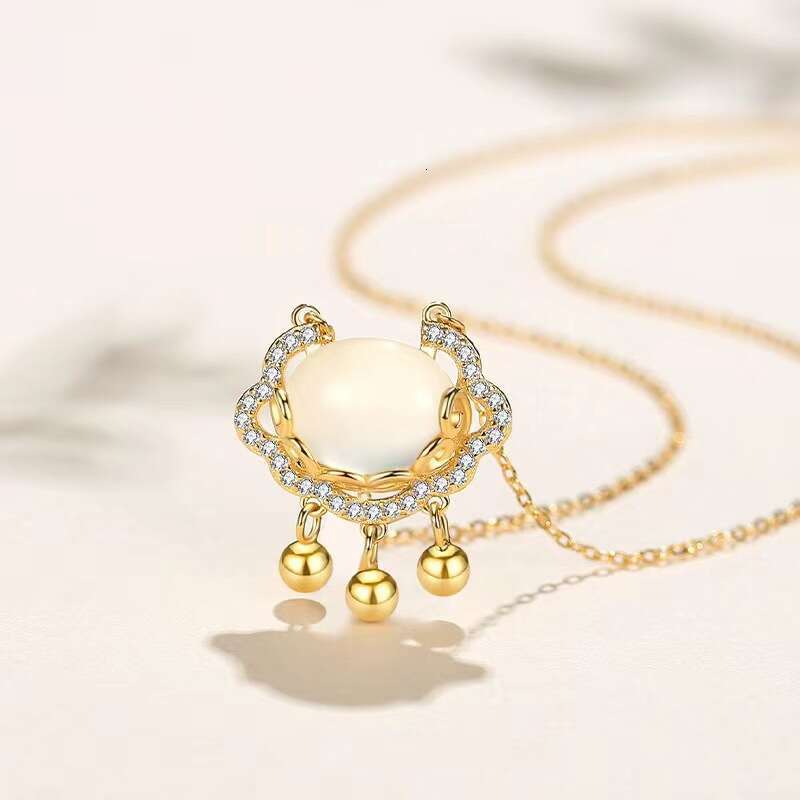 Sterling Silver 14K Gold Plated Chinese Style Necklace for Women Auspicious Clouds Ruyi Peace Heart Lock Pendant Trendy Jewelry