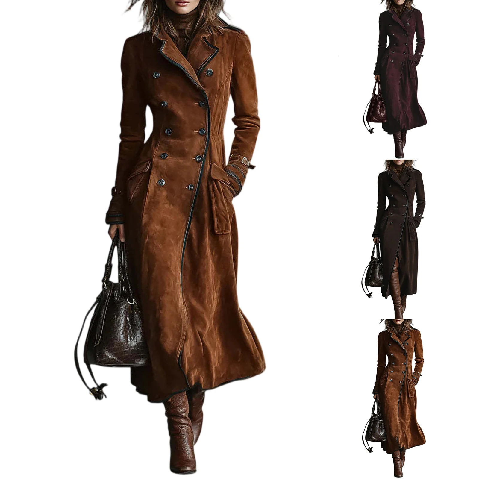 Solid Color Suede Long Windbreaker Elegant Collar Sleeved Coat Spring And Autumn Ladies Outdoor WomenS Trench 251231