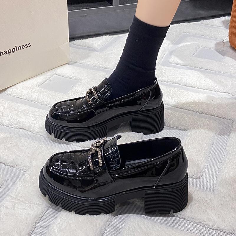 Ddmysports Loafers For Women Spring New Platform Thick Sole Patent Height Increasing Single Elegant Socialite College Style Small Leather Shoes Outdoor Shoes