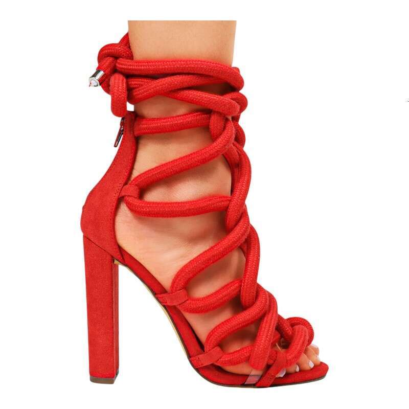 Women Chunky Rope Lace Up High Heel Sandals MOJIDASHU