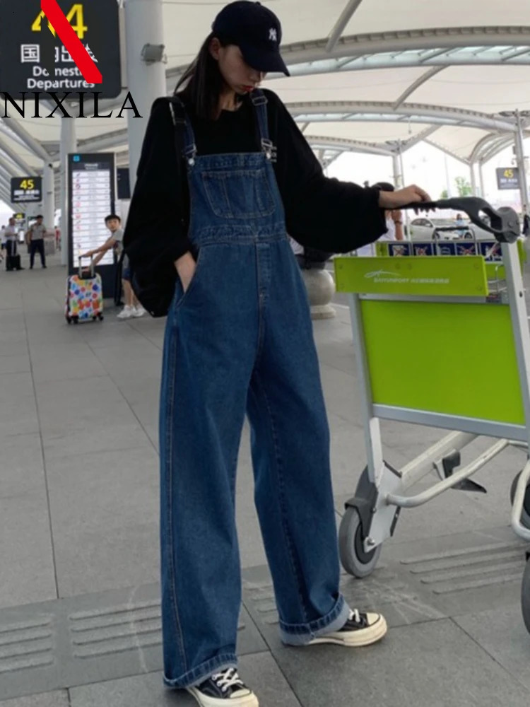 Spring Summer Korean Fashion Women Jeans Wide Leg Long Pants Rompers Straight Trousers Street Wear Overalls Jumpsuits 251226