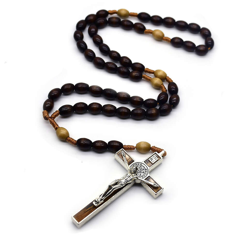 8*10 Dark Coffee Color Rice-Shaped Wooden Beads Rope Braided Rosary Cross Necklace Export Jewelry
