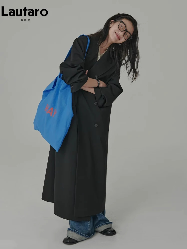 Lautaro Spring Autumn Long Loose Casual Flowy Black Trench Coat for Women Double Breasted Korean Style Maxi Overcoat 2023 251231